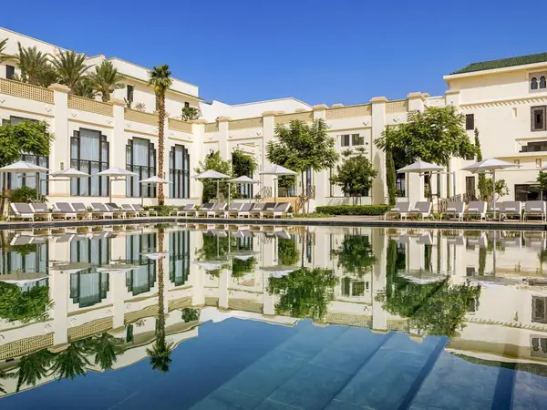 Reflecting pool and façade of the Fairmont Tazi Palace, Tangier