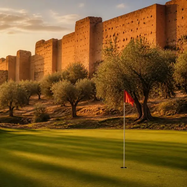 Green at the foot of rammed-earth ramparts and olive trees, Meknes
