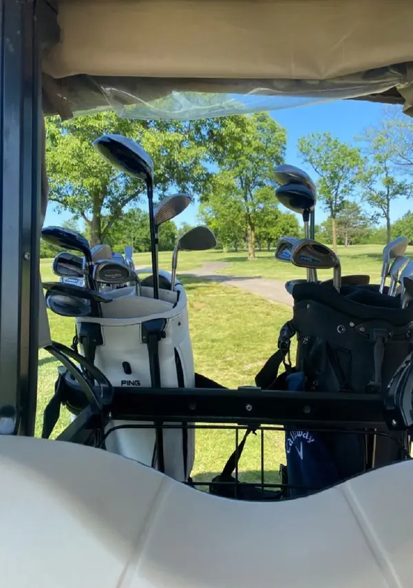 Golf bags in a cart, on the course