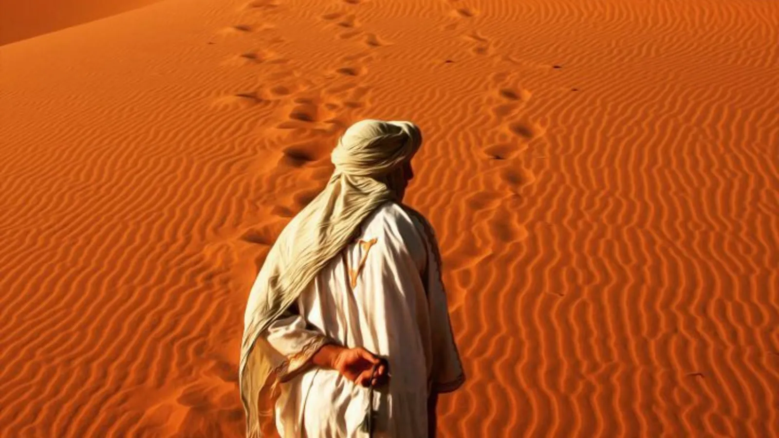 Traveller in a desert turban facing the orange dunes of the Sahara