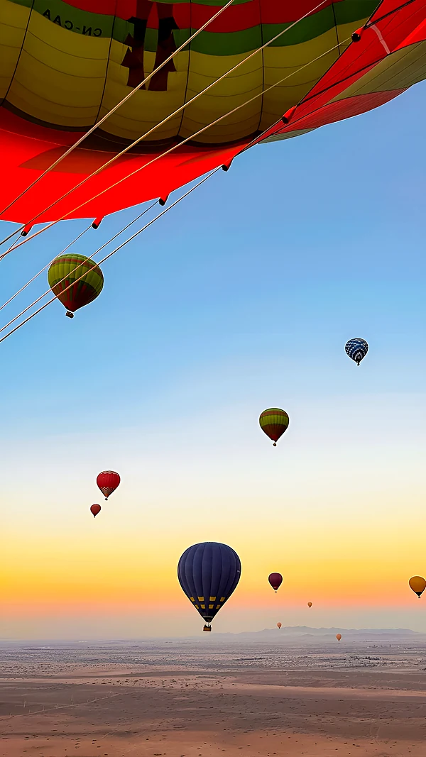 Montgolfières au lever du soleil au-dessus du désert
