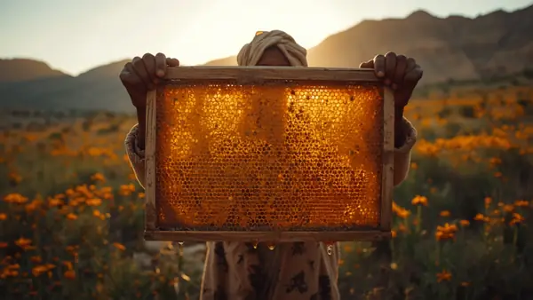 Hive frame full of honey in a flowering field