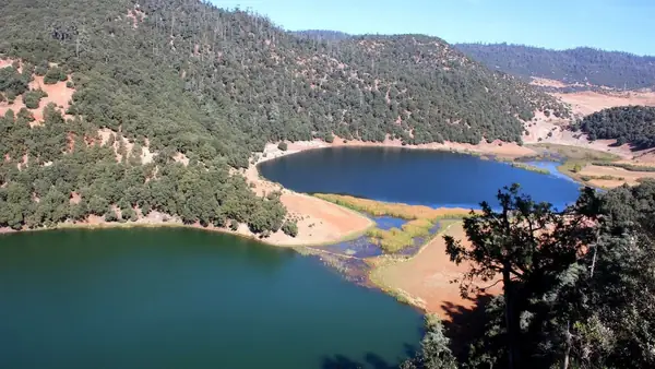 Bin El Ouidane lake among the wooded hills of the Atlas