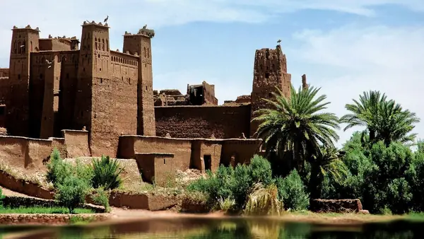 Rammed-earth kasbah surrounded by palm trees