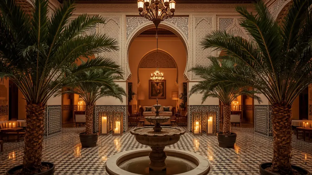Riad patio with palm trees, fountain and lanterns at dusk