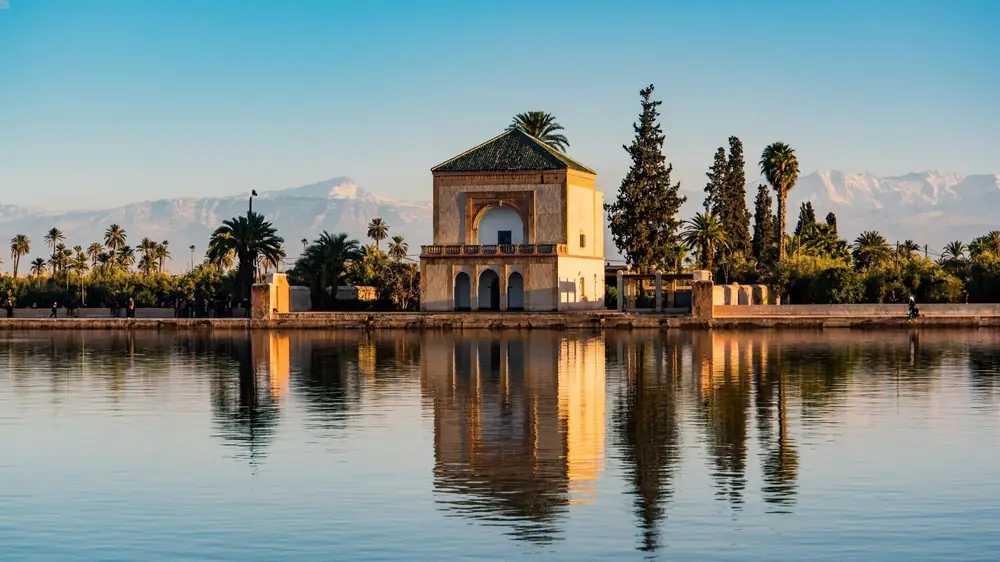 Menara pavilion and its pool facing the Atlas, Marrakech