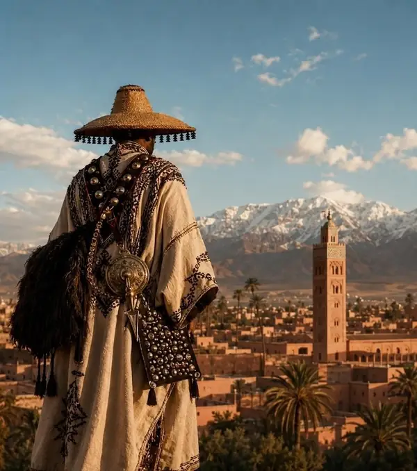 Traveller in traditional dress looking over the rooftops of Marrakech and the Atlas