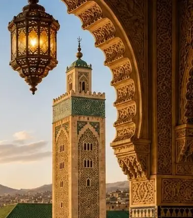 Minaret of the Fez medina seen through a carved arch