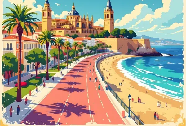 Illustrated poster of the Malaga seafront