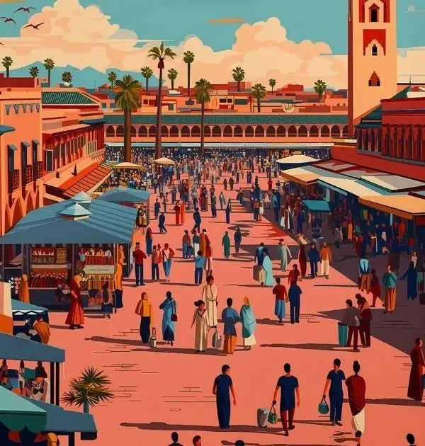 Illustrated poster of Jemaa el-Fna square, Marrakech