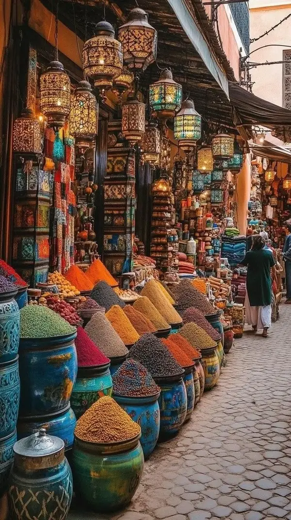 Stalls of colourful spices in a souk